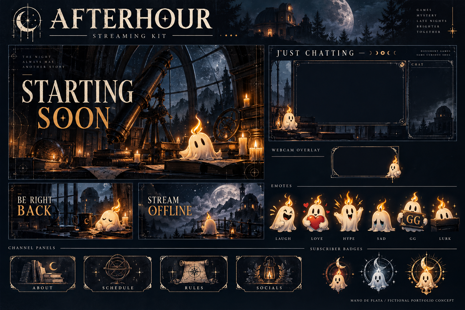 AFTERHOUR: observatório noturno, fantasma-vela e identidade de streaming em azul-escuro e âmbar